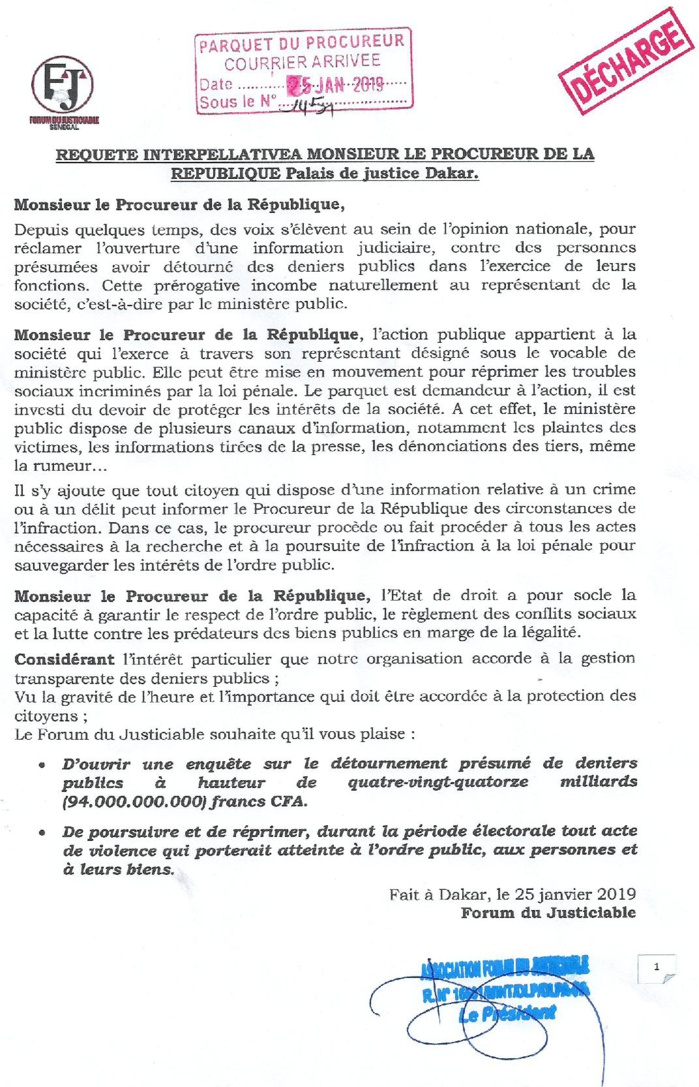 Affaire des 94 milliards : Le Forum du Justiciable envoie une requête interpellative au Procureur de la République