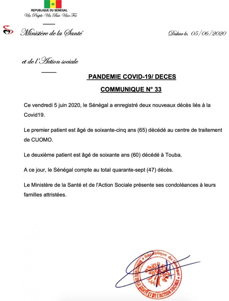 Covid-19 : Le Sénégal enregistre ses 46e et 47e décès