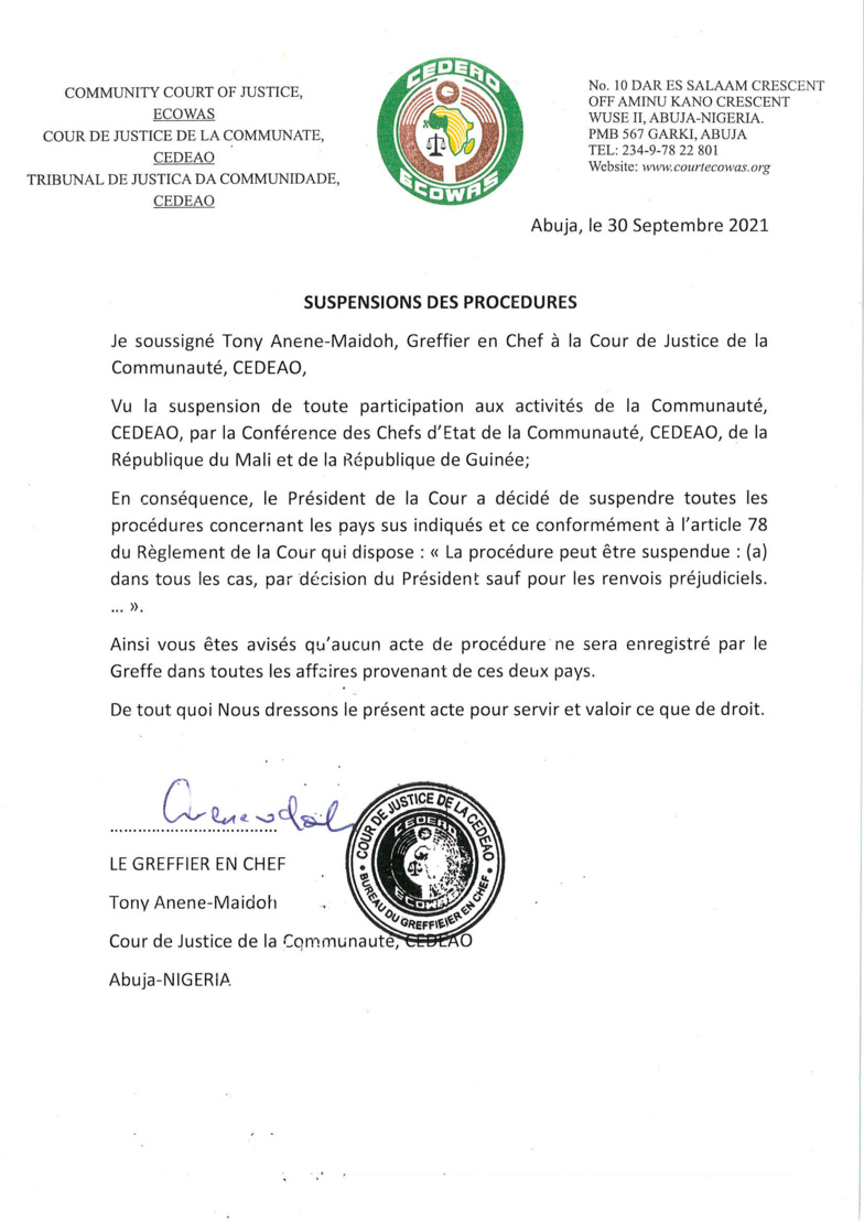 Cour de justice de la CEDEAO : les procédures concernant la Guinée suspendues (copie)