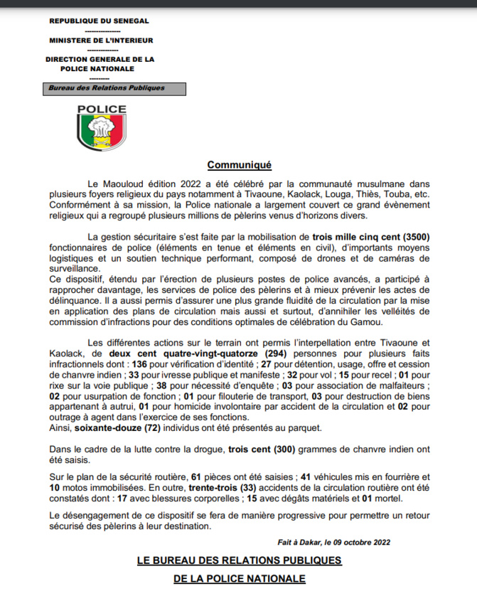 Gamou / Bilan sécuritaire : La police arrête 294 individus dont 72 présentés au parquet, 300 g de yamba saisis (document)