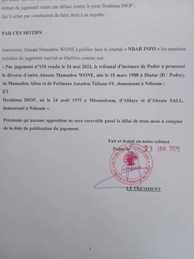 Extrait de jugement de divorce entre Aissata Mamadou WONE et Ibrahima DIOP