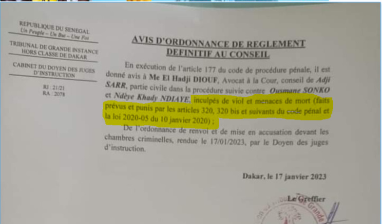 Faux monsieur le ministre ! L'infraction "corruption de la jeunesse" ne figurait pas dans l'ordonnance de renvoi du dossier Adji Sarr-Sonko