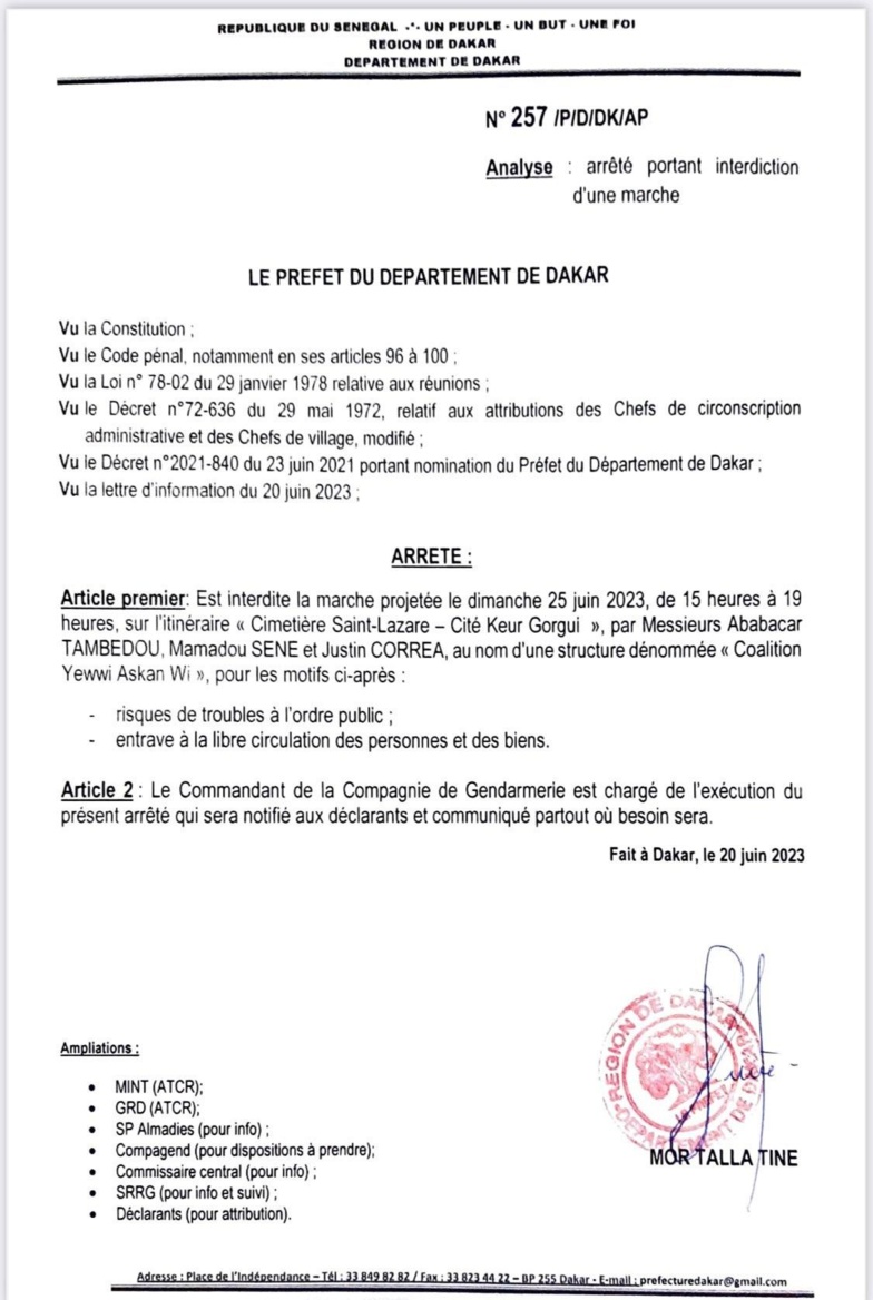 Dakar : La manifestation de Yewwi et de Walf interdites