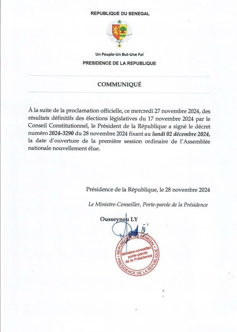 Ouverture de la première session de l’Assemblée nationale : Diomaye fixe le lundi 2 décembre prochain