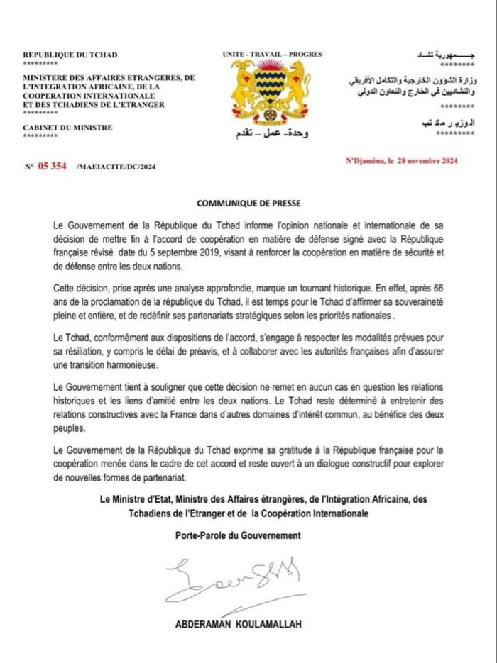 Le Tchad met fin à ses accords de coopération de défense avec la France