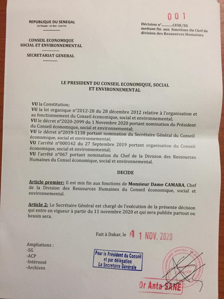 Cese: Idy limoge le DRH et du DAF (documents)