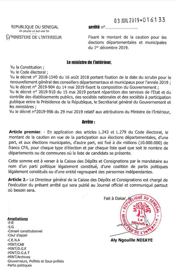 Elections départementales ou municipales : Le montant de la caution fixé à 10 millions FCFA