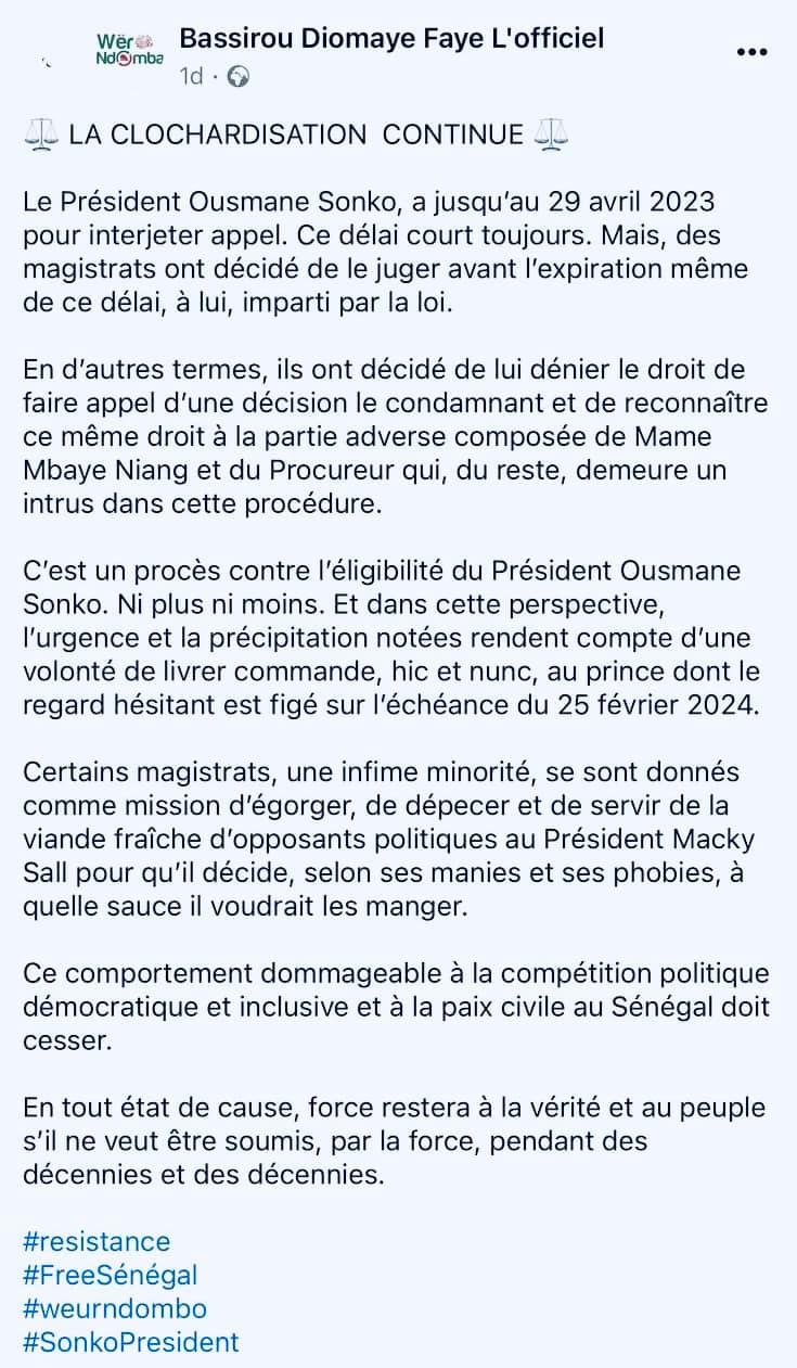 Ousmane Sonko alerte sur l’arrestation imminente de Bassirou Diomaye Faye par DIC