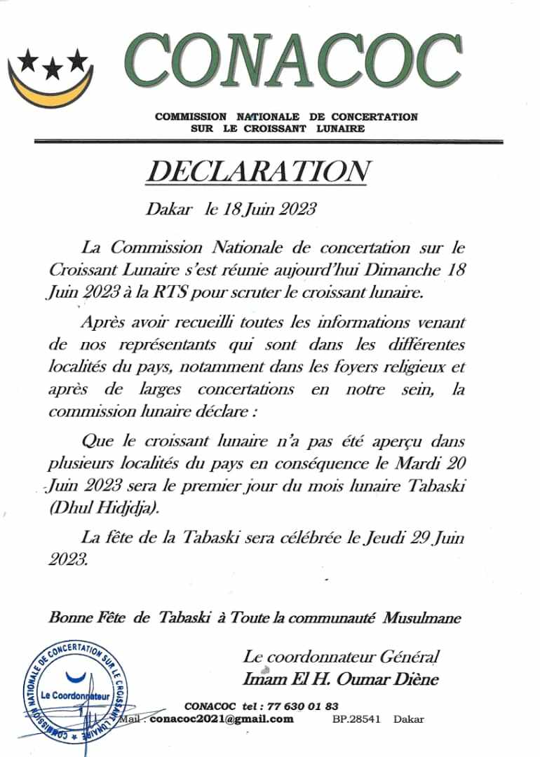 La Tabaski 2023 sera célébrée le 29 juin au Sénégal (Conacoc)