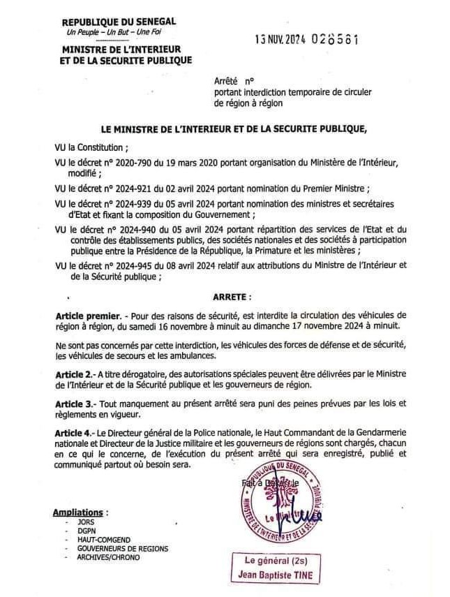 Sénégal : la circulation interrégion interdite la nuit du samedi au dimanche 17 novembre 2024