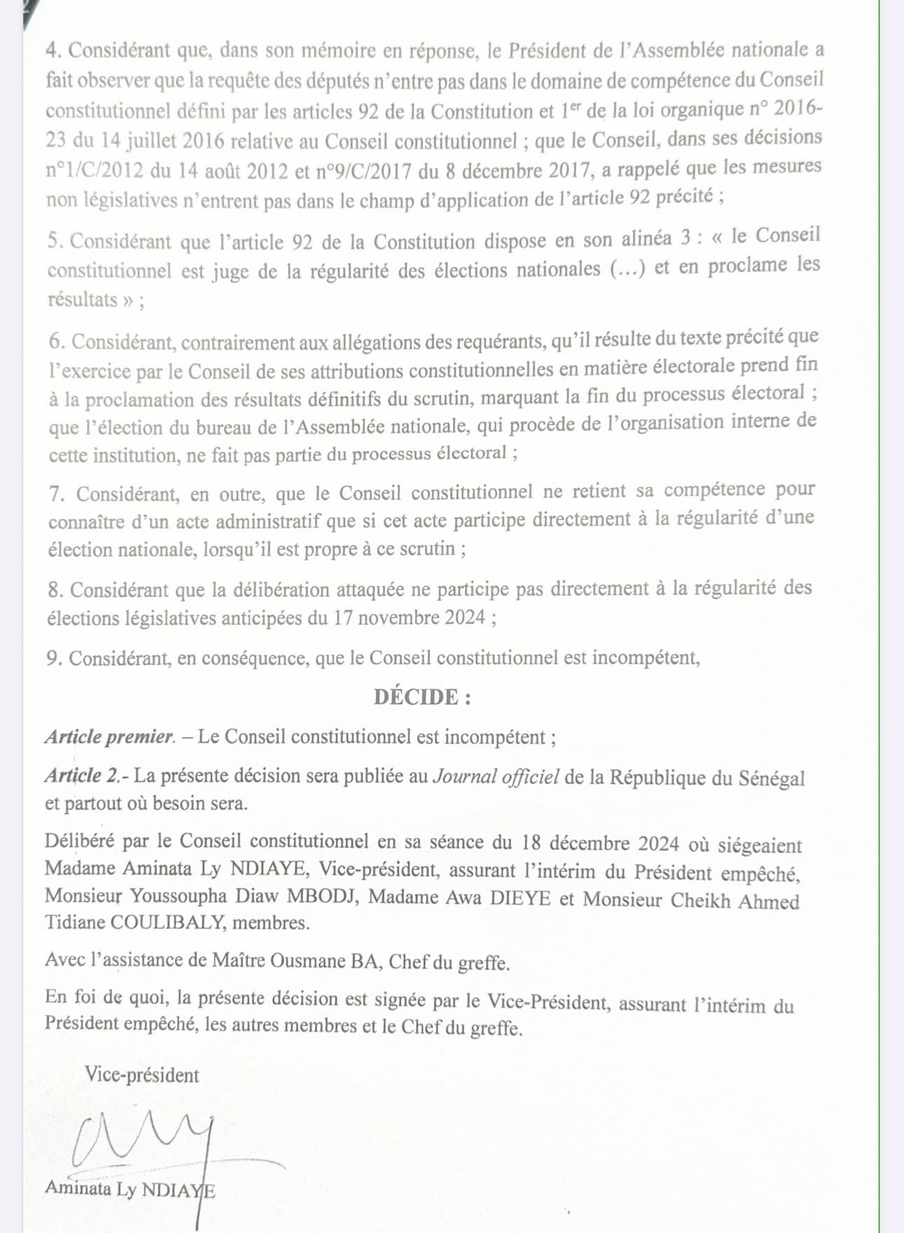 Recours portant sur l’annulation du bureau de l’Assemblée nationale : le Conseil constitutionnel donne raison au président El Malick Ndiaye