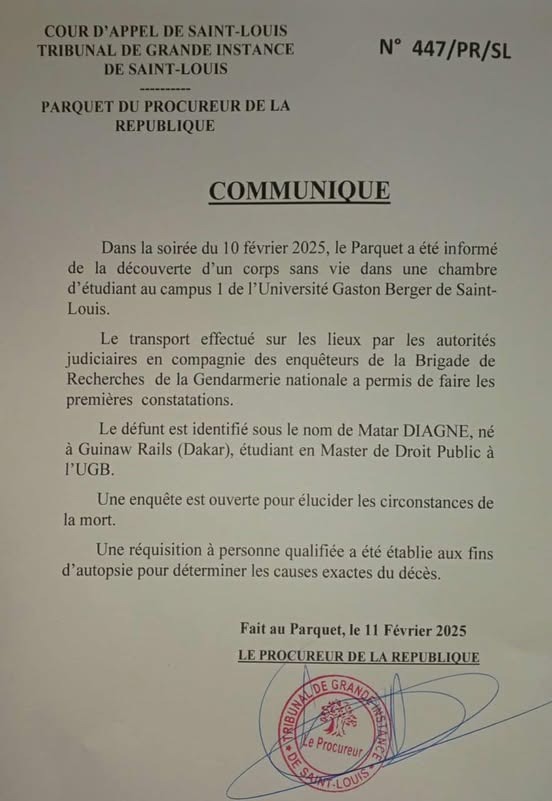 Décès de l'étudiant Matar DIAGNE à l’UGB : Le procureur de Saint-Louis ordonne une autopsie