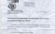 Tribunal d'instance de Podor : Extrait de jugement par défaut à l'encontre de Moussa Mamadou ANNE