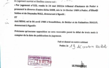 Extrait de jugement de Divorce entre Aicha SARR e Aziz RIDAL