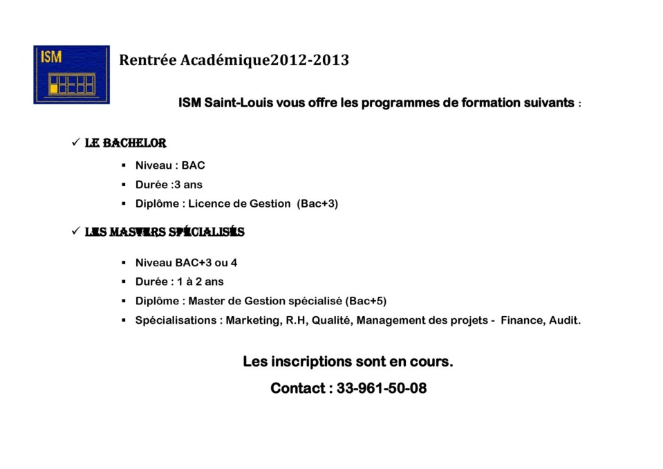 Programmes de l'ISM Saint-Louis