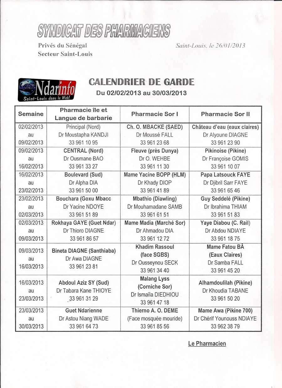 Calendrier des pharmacies de Garde du 02 février au 30 mars 2013.